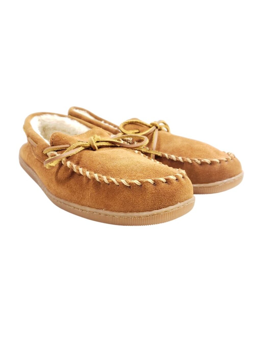 Minnetonka Mens Size 12 Moccasin Slippers Brown Suede Faux Fur Lining